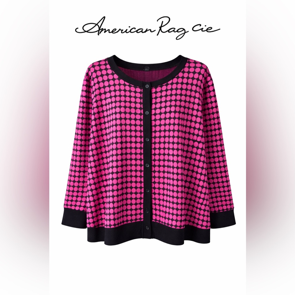American Rag Cie Pink Polka Dot Cardigan | Black Trim | 2X